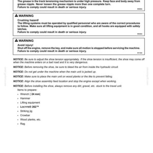 May include: A technical document titled "Track tension units - Prepare" with safety warnings and preparation steps. Includes a list of required tools, such as a 24 mm wrench, hammer, and lifting equipment. The document warns of potential injuries.