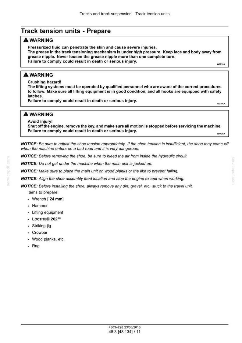 May include: A technical document titled "Track tension units - Prepare" with safety warnings and preparation steps. Includes a list of required tools, such as a 24 mm wrench, hammer, and lifting equipment. The document warns of potential injuries.
