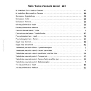 May include: A page from a manual titled "Index" with the heading "Brakes and controls - 33." The text lists various components and procedures related to trailer brake pneumatic control, including overhauls, installations, and removals.