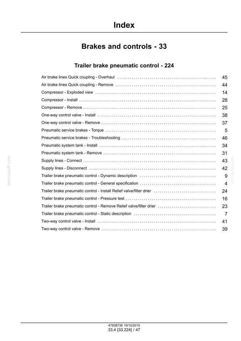 May include: A page from a manual titled "Index" with the heading "Brakes and controls - 33." The text lists various components and procedures related to trailer brake pneumatic control, including overhauls, installations, and removals.