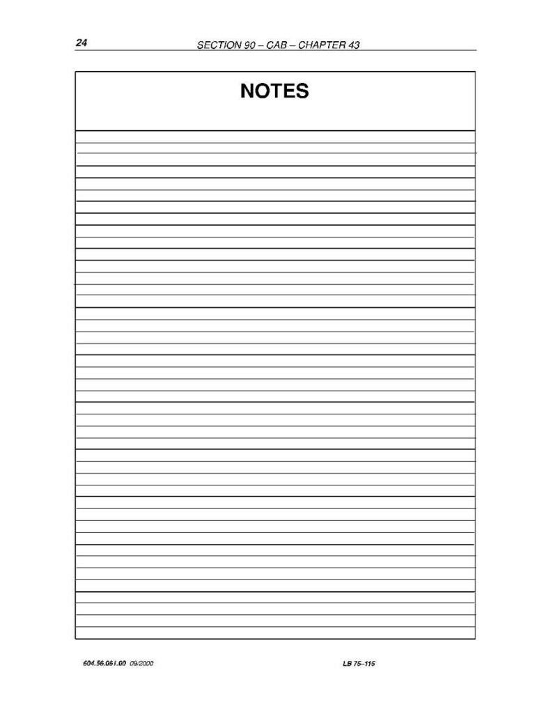 Peut inclure: Une page blanche lign&eacute;e pour prendre des notes, avec le mot "NOTES" en haut. La page provient de la "SECTION 90 - CAB - CHAPITRE 43". En bas, on trouve les num&eacute;ros "604.56.061.60 09/2000" et "LB 75-115".