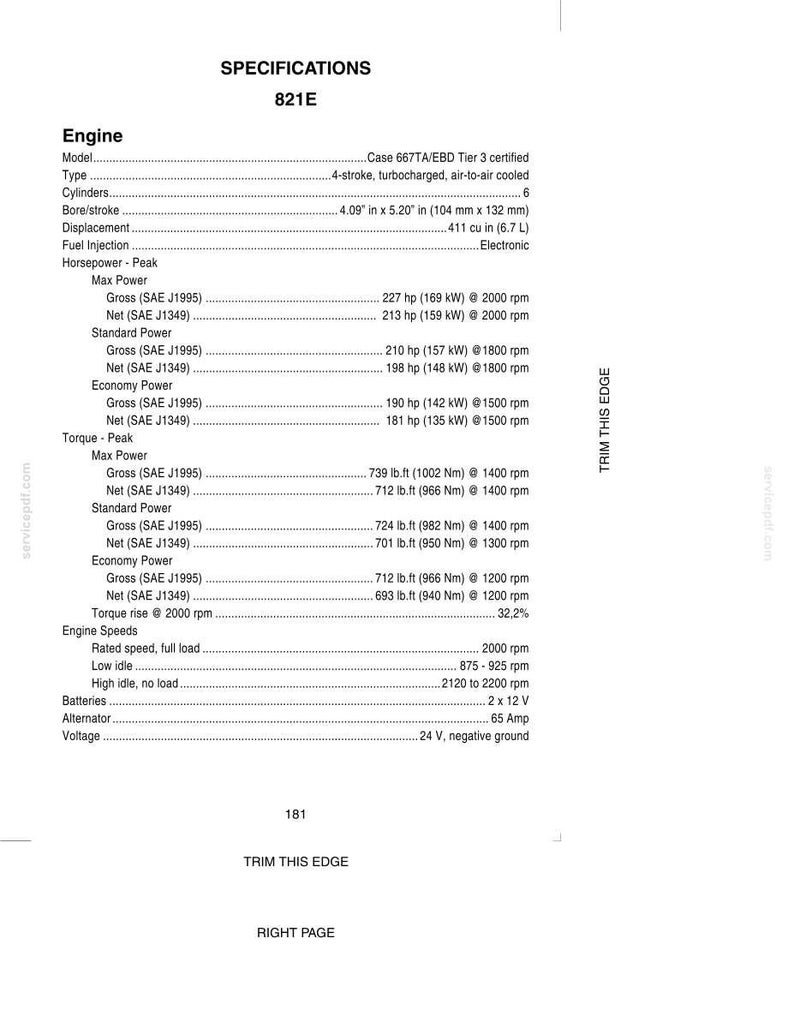May include: A detailed specifications sheet for an 821E engine, including model, type, cylinders, bore/stroke (4.09" x 5.20"), displacement, and fuel injection details. It lists horsepower and torque figures, along with engine speeds and electrical specifications.