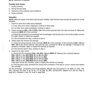 May include: A technical document page titled Section 55 - Electrical System - Chapter 9, detailing fault code 1029 for lift solenoid valves. It lists possible fault modes, remedies, and specific connector checks for SOL-133, SOL-134, and MOD-27.