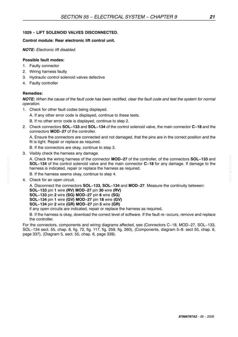 May include: A technical document page titled Section 55 - Electrical System - Chapter 9, detailing fault code 1029 for lift solenoid valves. It lists possible fault modes, remedies, and specific connector checks for SOL-133, SOL-134, and MOD-27.