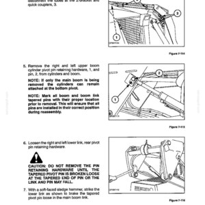 May include: A technical manual page titled Section 7 - Seat, Cab, ROPS, Boom Lock, Boom, Attachment Mounting Plate. It contains three black and white line drawings labeled Figure 7-114, 7-115, and 7-116, showing mechanical assembly instructions.
