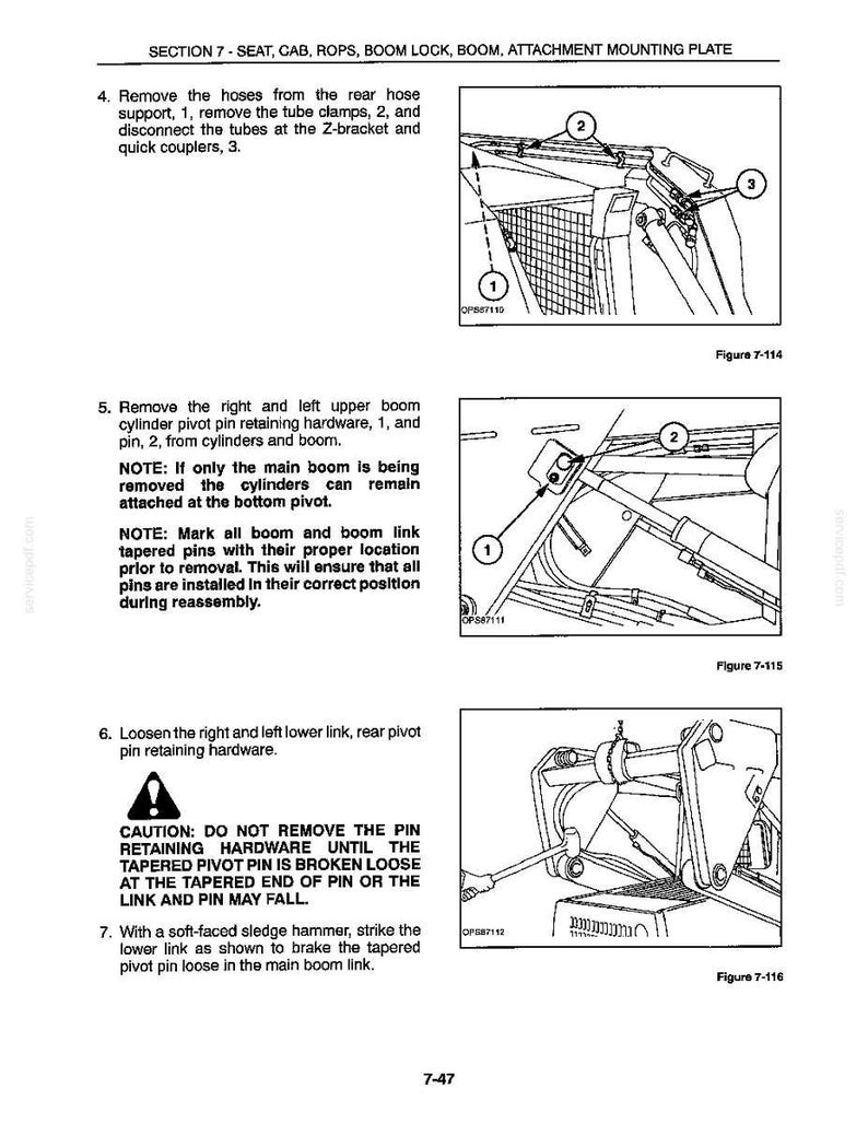 May include: A technical manual page titled Section 7 - Seat, Cab, ROPS, Boom Lock, Boom, Attachment Mounting Plate. It contains three black and white line drawings labeled Figure 7-114, 7-115, and 7-116, showing mechanical assembly instructions.