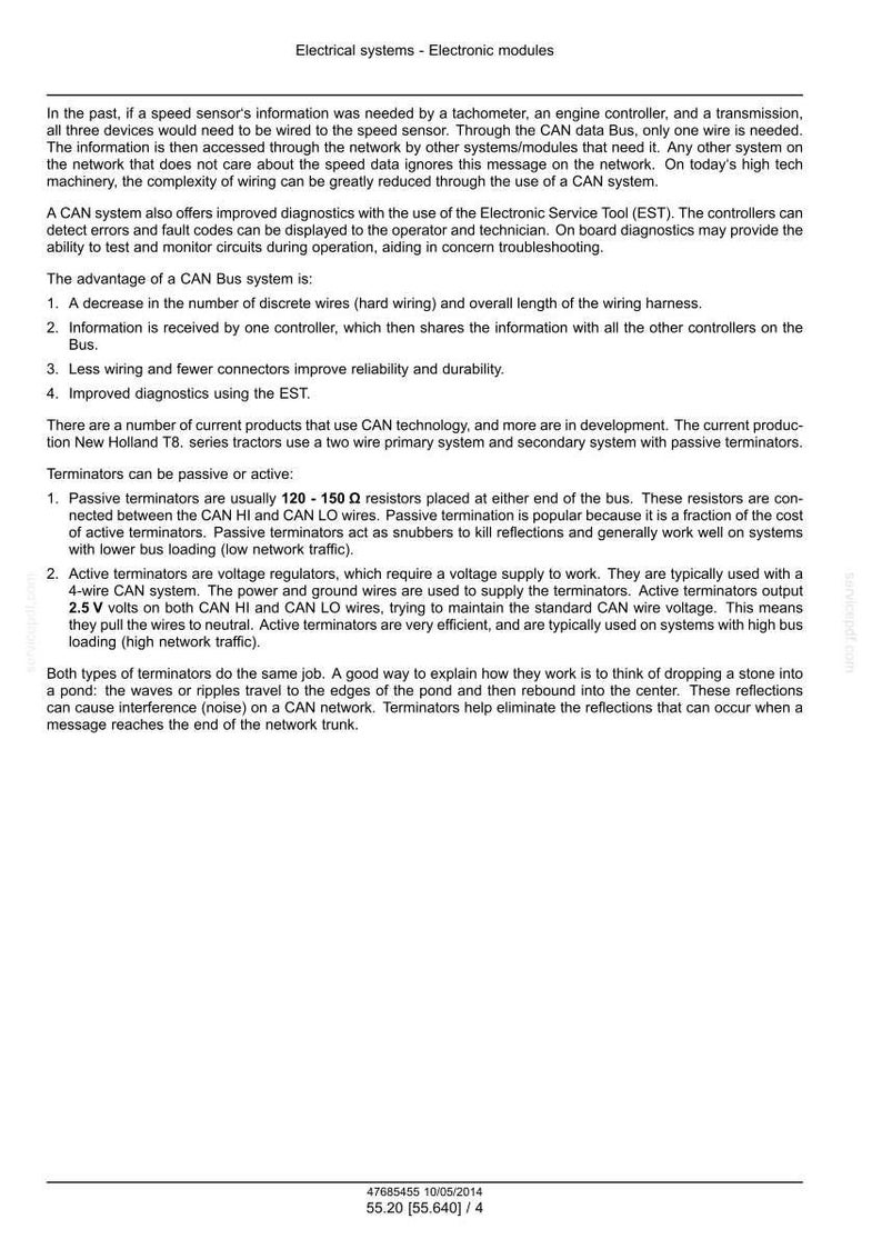 May include: A document detailing electrical systems and electronic modules. It explains CAN bus systems, their advantages, and the use of terminators, including passive and active types, with technical specifications and diagrams.