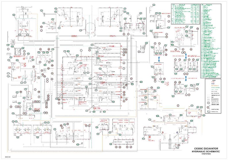 May include: A detailed hydraulic schematic for a CX300C excavator, featuring numerous interconnected diagrams, symbols, and text annotations. The technical drawing is on a white background with a legend and component list.