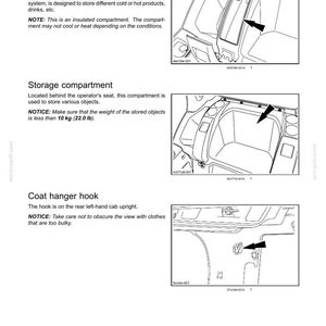 K&ouml;nnte beinhalten: Eine Seite aus einem technischen Handbuch mit dem Titel 3-CONTROLS AND INSTRUMENTS, die Strichzeichnungen eines K&uuml;hl-/Heizfachs, eines Staufachs mit 10 kg Gewichtsbeschr&auml;nkung und eines Kleiderhakens in einer Fahrzeugkabine zeigt.