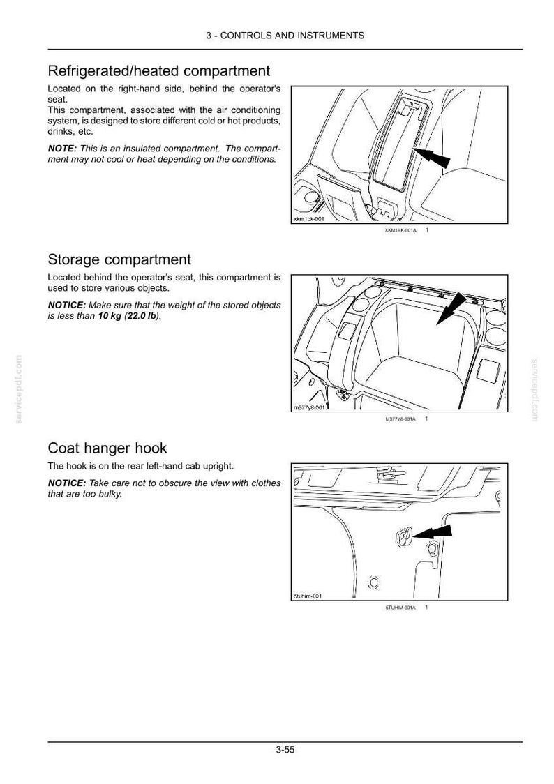K&ouml;nnte beinhalten: Eine Seite aus einem technischen Handbuch mit dem Titel 3-CONTROLS AND INSTRUMENTS, die Strichzeichnungen eines K&uuml;hl-/Heizfachs, eines Staufachs mit 10 kg Gewichtsbeschr&auml;nkung und eines Kleiderhakens in einer Fahrzeugkabine zeigt.