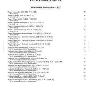 May include: A technical index page titled FIELD PROCESSING - L, listing maintenance procedures for foam and hydraulic disc systems. It includes specific codes like L.20.D.20 and model references SF110 and SF115 with corresponding page numbers.