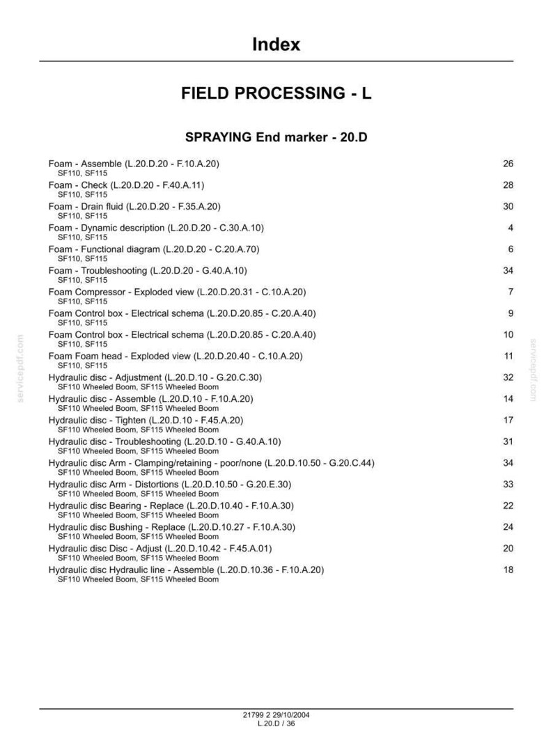 May include: A technical index page titled FIELD PROCESSING - L, listing maintenance procedures for foam and hydraulic disc systems. It includes specific codes like L.20.D.20 and model references SF110 and SF115 with corresponding page numbers.