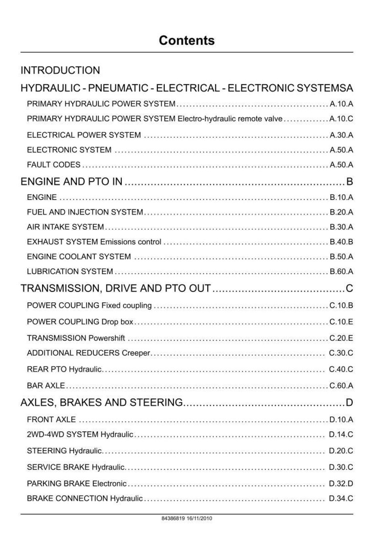 Pode incluir: P&aacute;gina de sum&aacute;rio de manual com se&ccedil;&otilde;es sobre sistemas hidr&aacute;ulicos, el&eacute;tricos e de motor. Texto preto sobre fundo branco com t&iacute;tulos e n&uacute;meros de p&aacute;gina. Documento datado de 16/11/2010.