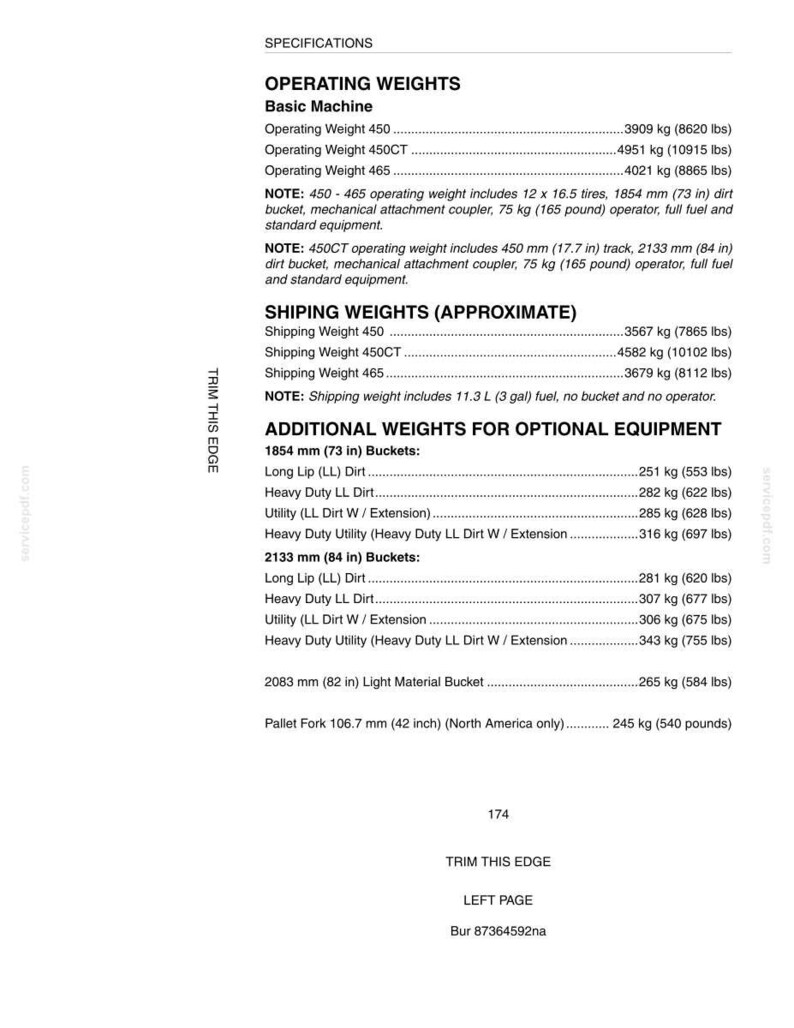 May include: A white document with specifications for operating, shipping, and additional weights for a basic machine. Measurements are provided in both metric and imperial units, including inches, pounds, and gallons.