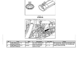 May include: Diagram of an electrical system, featuring a male A/C high-pressure switch (87688788). Includes a schematic, connector illustrations, and a table detailing wire connections and color codes for HVAC control.
