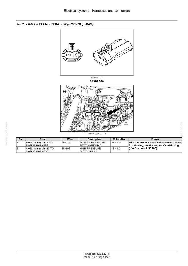 May include: Diagram of an electrical system, featuring a male A/C high-pressure switch (87688788). Includes a schematic, connector illustrations, and a table detailing wire connections and color codes for HVAC control.