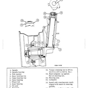 May include: An engineering diagram of a spindle and hub assembly, labeled with numbered components. The diagram includes a spindle, bearings, washers, and a steering arm. The text includes torque specifications in foot-pounds.