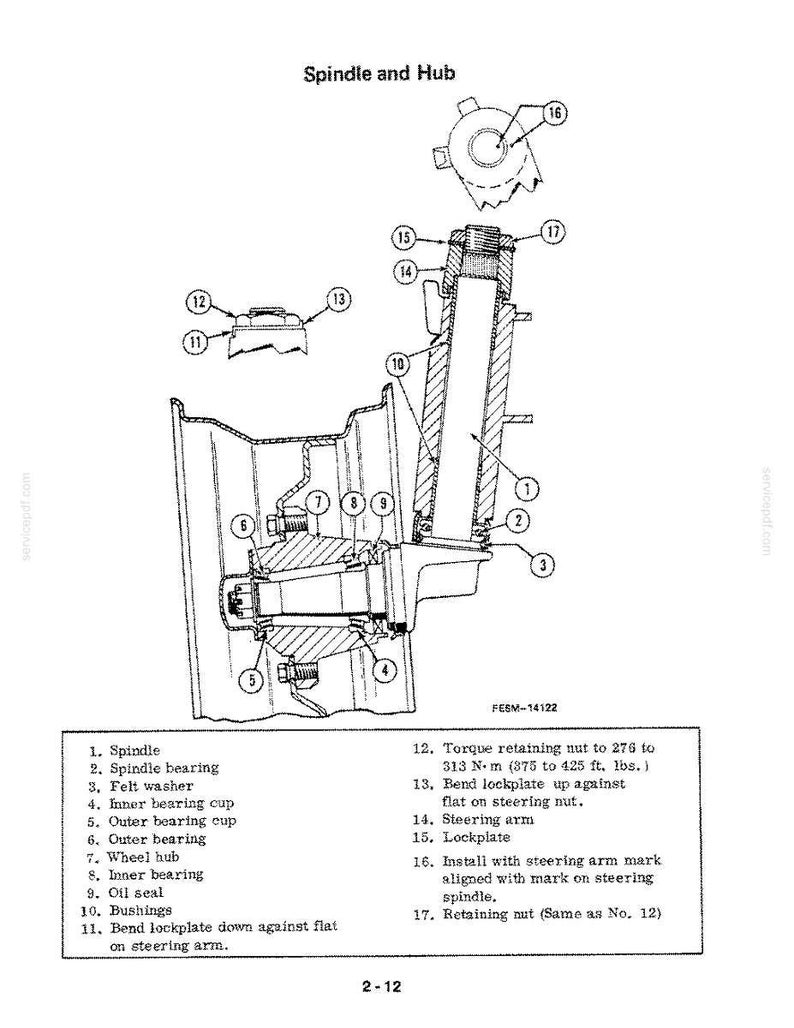 May include: An engineering diagram of a spindle and hub assembly, labeled with numbered components. The diagram includes a spindle, bearings, washers, and a steering arm. The text includes torque specifications in foot-pounds.