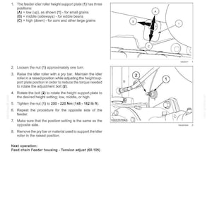 May include: Diagram of a feeder idler roller adjustment procedure. The image includes labeled diagrams of parts, including a nut, bolt, and support plate, with instructions for adjusting the height setting.