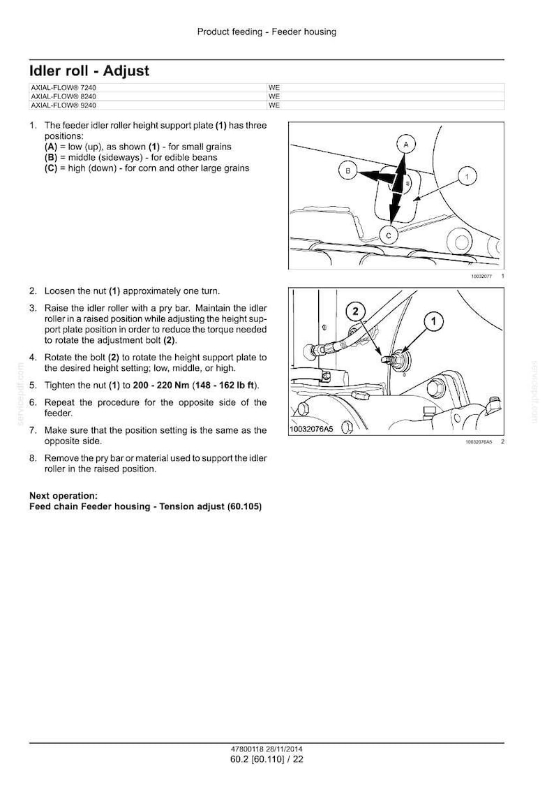 May include: Diagram of a feeder idler roller adjustment procedure. The image includes labeled diagrams of parts, including a nut, bolt, and support plate, with instructions for adjusting the height setting.