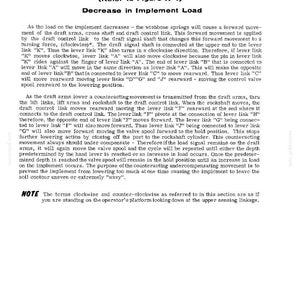 May include: A detailed technical diagram titled "OPERATION OF THE DRAFT-O-MATIC CONTROL SENSING LINKAGE." The text explains the mechanics of the system, including the role of levers, links, and the draft control link. The diagram is on a white background.