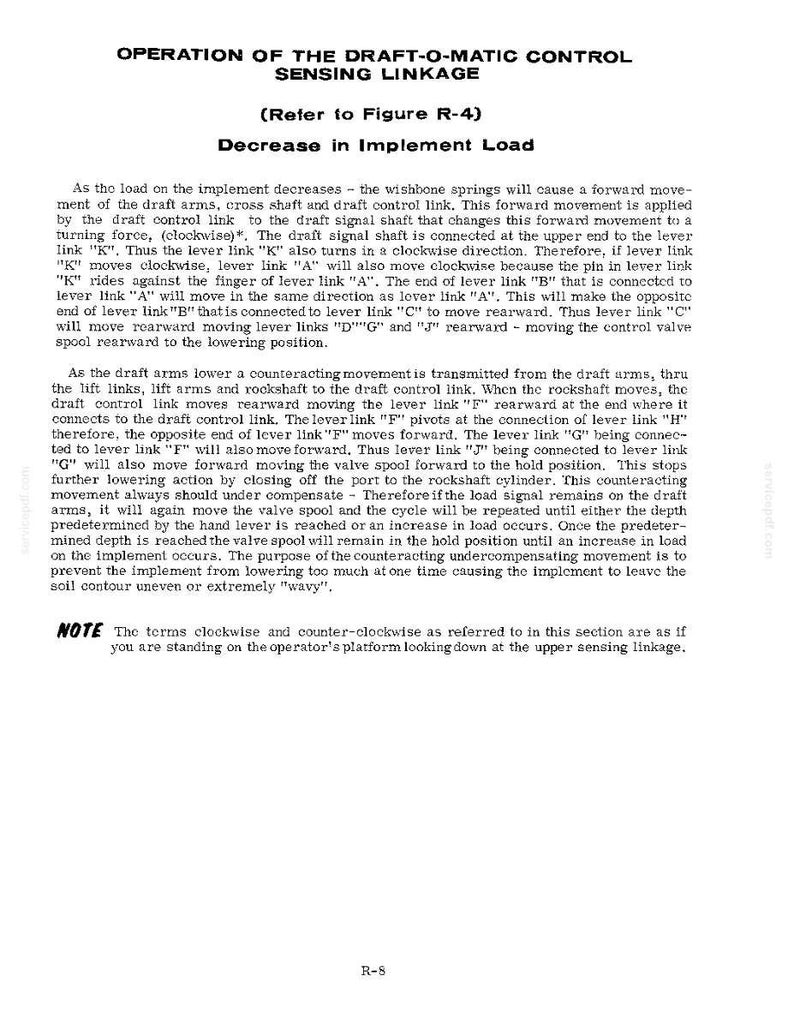 May include: A detailed technical diagram titled "OPERATION OF THE DRAFT-O-MATIC CONTROL SENSING LINKAGE." The text explains the mechanics of the system, including the role of levers, links, and the draft control link. The diagram is on a white background.