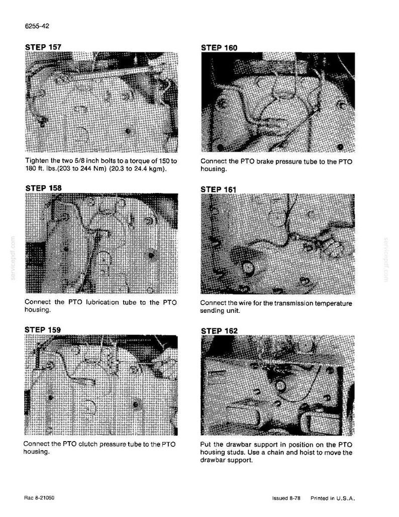 May include: A technical diagram with six steps for mechanical assembly. The steps include tightening bolts, connecting tubes, and installing components. Text includes torque specifications in foot-pounds and Newton-meters. The diagram is printed in black and white.