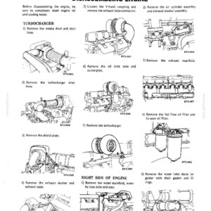 May include: A technical manual page titled Engine Disassembly and Reassembly featuring black and white line drawings of engine components. The document provides numbered instructions for removing the turbocharger, exhaust manifold, oil filter, and water manifold.