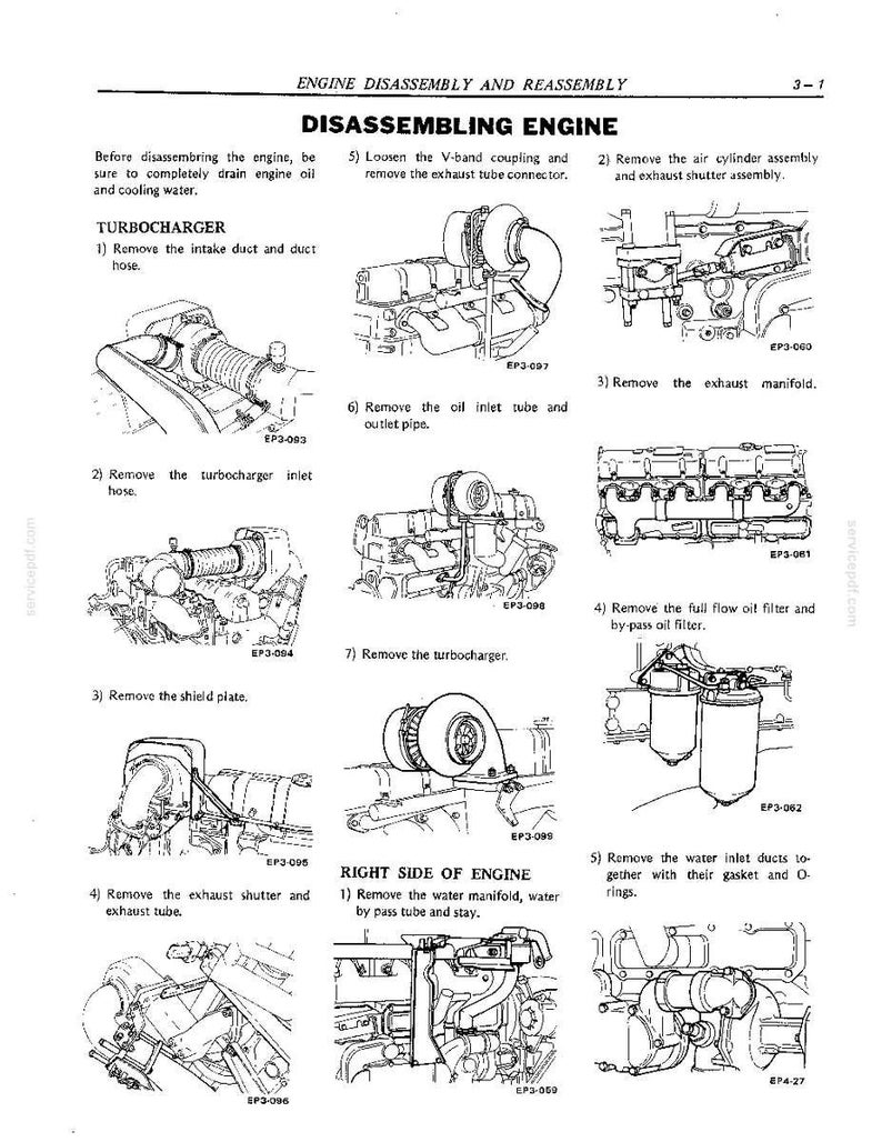 May include: A technical manual page titled Engine Disassembly and Reassembly featuring black and white line drawings of engine components. The document provides numbered instructions for removing the turbocharger, exhaust manifold, oil filter, and water manifold.