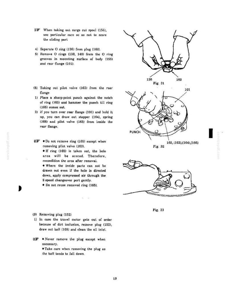 Peut inclure: Une page de manuel technique pr&eacute;sentant des dessins au trait en noir et blanc &eacute;tiquet&eacute;s Fig. 31, Fig. 32 et Fig. 33. Les sch&eacute;mas illustrent les proc&eacute;dures de d&eacute;montage m&eacute;canique d'un moteur de translation, incluant des pi&egrave;ces num&eacute;rot&eacute;es.