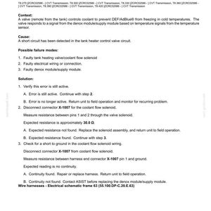 May include: A technical document with the title "Electrical systems - FAULT CODES" and error code 19289. The document provides troubleshooting steps for a temperature sensor circuit issue, including checking the coolant flow solenoid and wiring. The expected resistance is approximately 30.0 &Omega;.