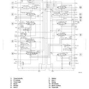 May include: A technical hydraulic circuit diagram for a control valve labeled E305B. The black and white schematic displays various numbered components including travel priority, boom, bucket, arm, swing, and unload functions with pressure ratings.