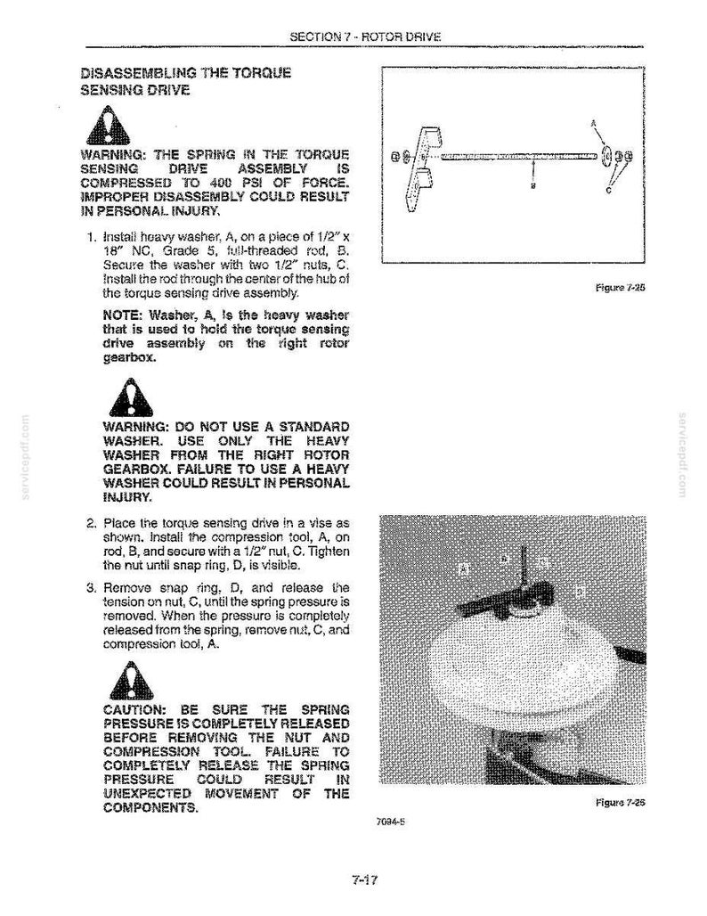 May include: Diagram from a manual detailing the disassembly of a torque sensing drive. The image includes warnings about compressed springs and potential injury. It shows a diagram of the assembly and instructions for removing components.