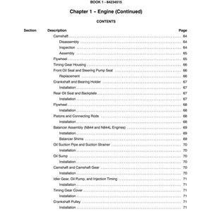 May include: A page from a manual titled "SECTION 10 - ENGINE" with a table of contents. The table lists engine components such as camshaft, flywheel, and oil seals, along with page numbers. The text is black on a white background.