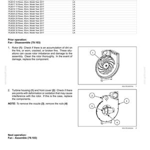 May include: Diagram of a fan assembly with visual inspection instructions. Includes illustrations of the rotor and turbine housing, with numbered components and notes on disassembly and assembly. Text includes model year and row information.