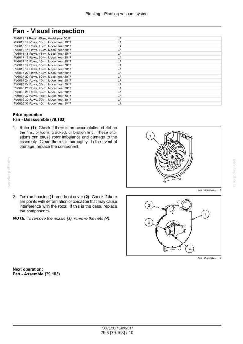 May include: Diagram of a fan assembly with visual inspection instructions. Includes illustrations of the rotor and turbine housing, with numbered components and notes on disassembly and assembly. Text includes model year and row information.