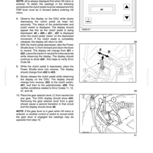 May include: A technical manual page titled SECTION 21 - TRANSMISSIONS - CHAPTER 3, featuring instructional text and two black and white line drawings. One drawing shows a rectangular CDU display with buttons, and the other shows a tractor steering column.