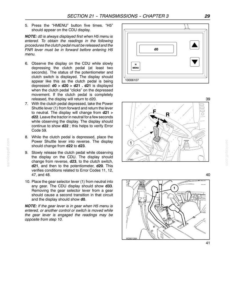 May include: A technical manual page titled SECTION 21 - TRANSMISSIONS - CHAPTER 3, featuring instructional text and two black and white line drawings. One drawing shows a rectangular CDU display with buttons, and the other shows a tractor steering column.
