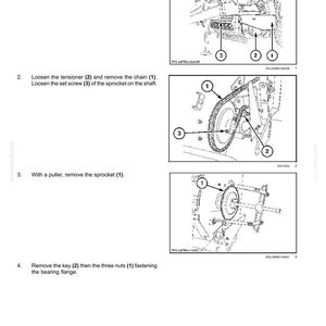 May include: Diagrams illustrating the disassembly of a reel drive system, including removing guards, loosening tensioners, removing chains, and removing sprockets. The diagrams are labeled with numbers and arrows.