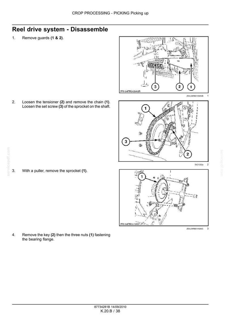 May include: Diagrams illustrating the disassembly of a reel drive system, including removing guards, loosening tensioners, removing chains, and removing sprockets. The diagrams are labeled with numbers and arrows.