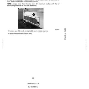 May include: Diagram of a vehicle's recirculation air louvers, with instructions for opening and closing. The image includes a close-up of the louvers, a knob, and text labels. The text reads "INSTRUMENTS/CONTROLS" and "Recirculation Air Louvers."