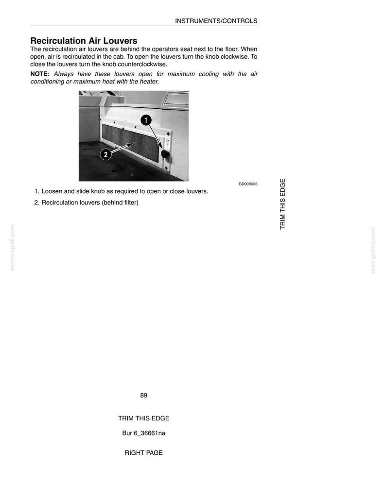 May include: Diagram of a vehicle's recirculation air louvers, with instructions for opening and closing. The image includes a close-up of the louvers, a knob, and text labels. The text reads "INSTRUMENTS/CONTROLS" and "Recirculation Air Louvers."