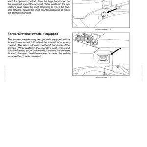Op de afbeelding: Diagram van de armsteunconsole van een auto met labels en pijlen. De afbeelding toont een bedieningsknop en een vooruit/achteruit schakelaar. Tekst legt uit hoe de armsteun met deze bedieningselementen kan worden aangepast.