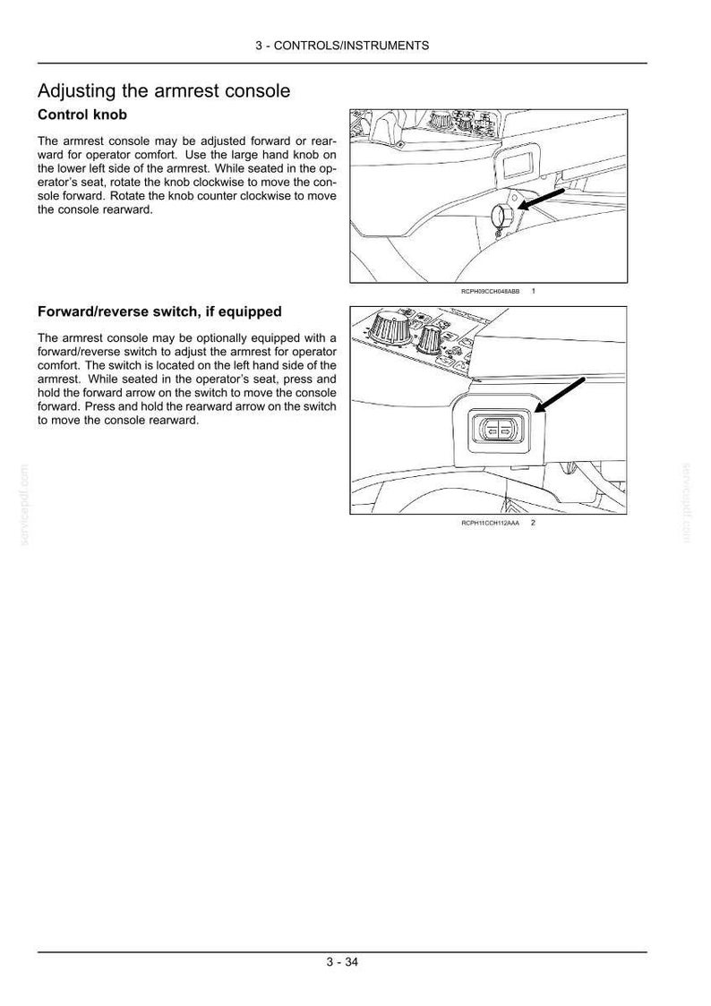 Op de afbeelding: Diagram van de armsteunconsole van een auto met labels en pijlen. De afbeelding toont een bedieningsknop en een vooruit/achteruit schakelaar. Tekst legt uit hoe de armsteun met deze bedieningselementen kan worden aangepast.