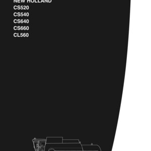 May include: A black and white repair manual cover with the text "REPAIR MANUAL" at the top. Below, it lists "NEW HOLLAND" and several model numbers. A line drawing of a combine harvester is at the bottom, with the New Holland logo on the right.
