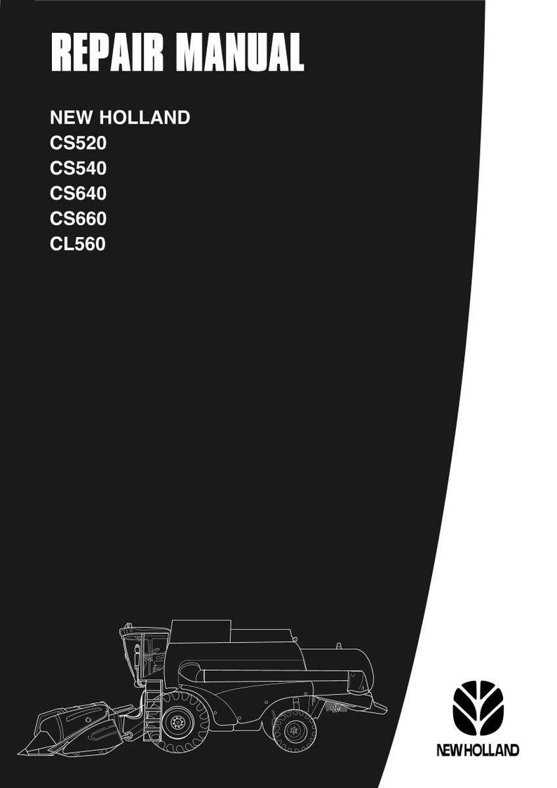 May include: A black and white repair manual cover with the text "REPAIR MANUAL" at the top. Below, it lists "NEW HOLLAND" and several model numbers. A line drawing of a combine harvester is at the bottom, with the New Holland logo on the right.