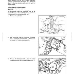 May include: A technical diagram from a manual, detailing the removal of an auger and auger drive. The image includes illustrations of the gearbox, pulley system, chain, and sprocket system. The text provides step-by-step instructions.