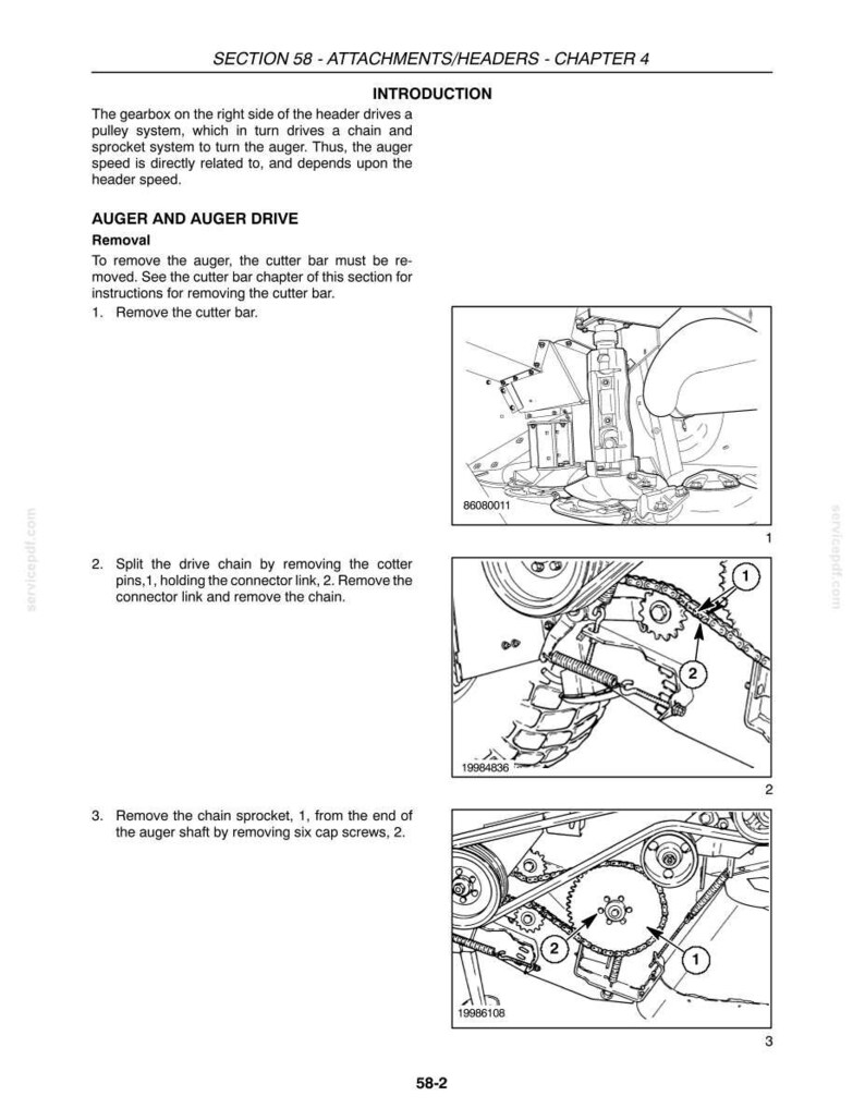 May include: A technical diagram from a manual, detailing the removal of an auger and auger drive. The image includes illustrations of the gearbox, pulley system, chain, and sprocket system. The text provides step-by-step instructions.