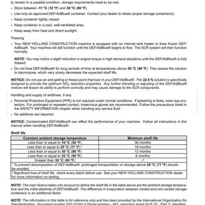 May include: A technical document page titled 7-MAINTENANCE detailing storage, handling, and transport instructions for DEF/AdBlue. It includes a shelf life table with temperature ranges from 50&deg;F to 95&deg;F and corresponding durations in months.