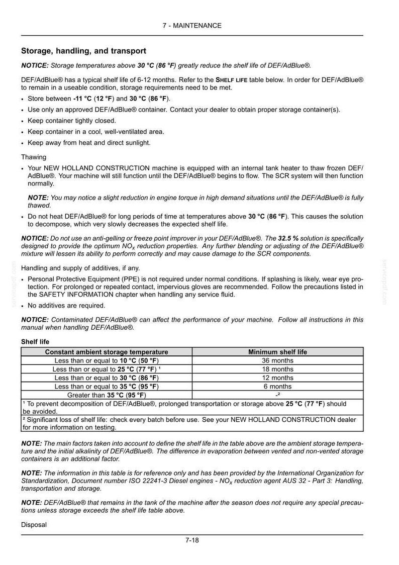May include: A technical document page titled 7-MAINTENANCE detailing storage, handling, and transport instructions for DEF/AdBlue. It includes a shelf life table with temperature ranges from 50&deg;F to 95&deg;F and corresponding durations in months.